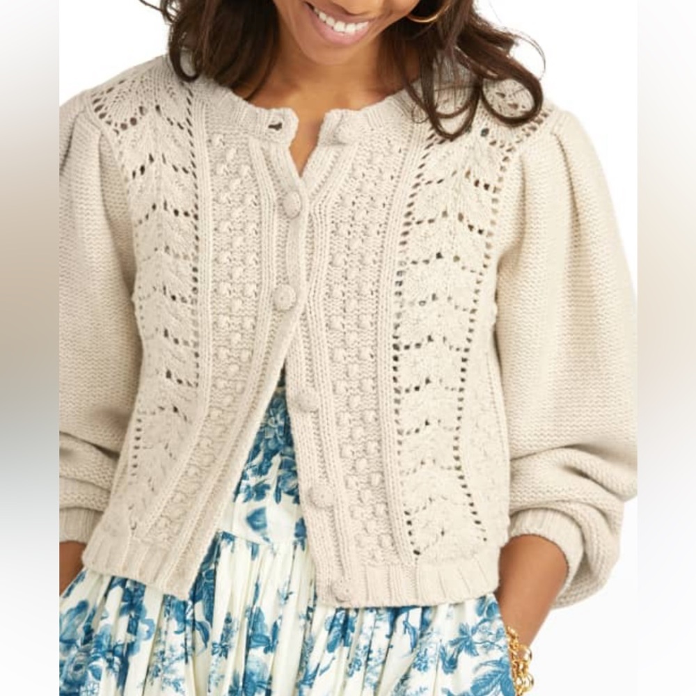 LOVESHACKFANCY Sandy Cream “Frankel” Pointelle-Knit Button Front Cardigan, Med.